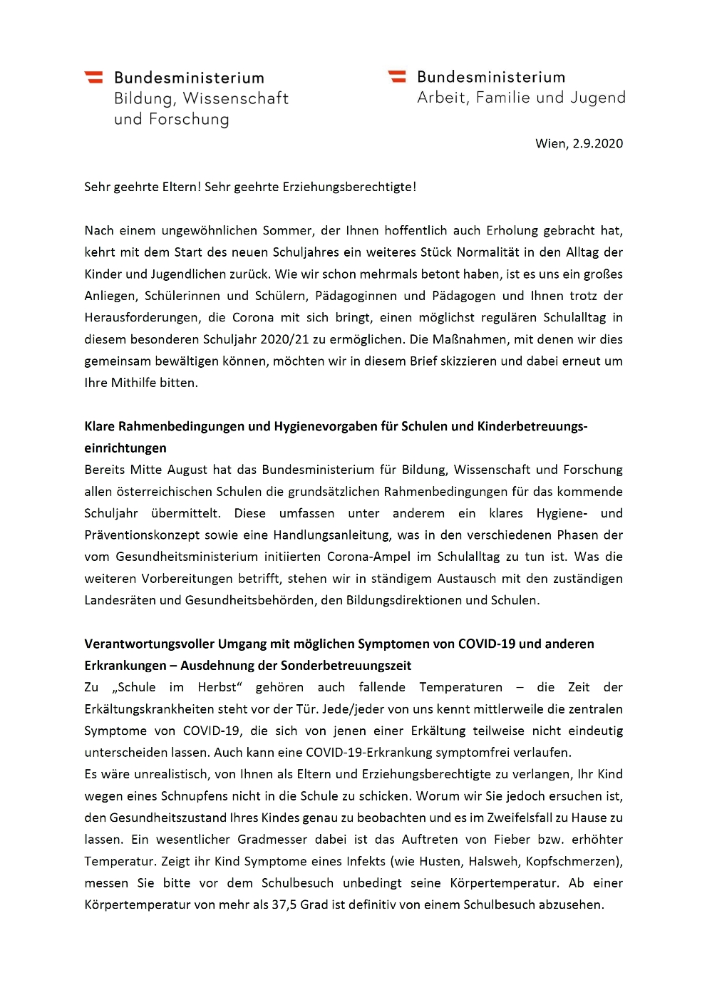 Elternbrief BM Fassmann Aschbacher Sep 2020 seite1